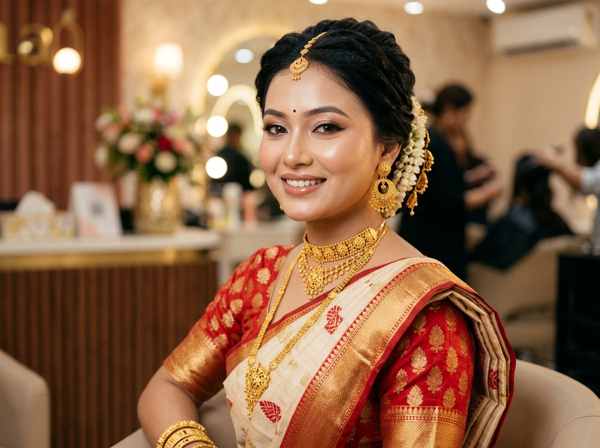 Assamese bridal makeover with traditional gold jewelry at AURA salon Nagaon