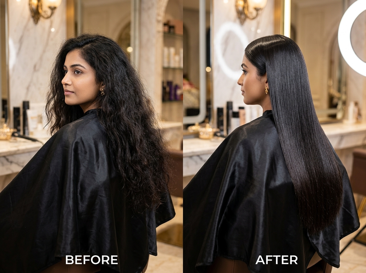 Hair smoothing before and after transformation at AURA salon Nagaon